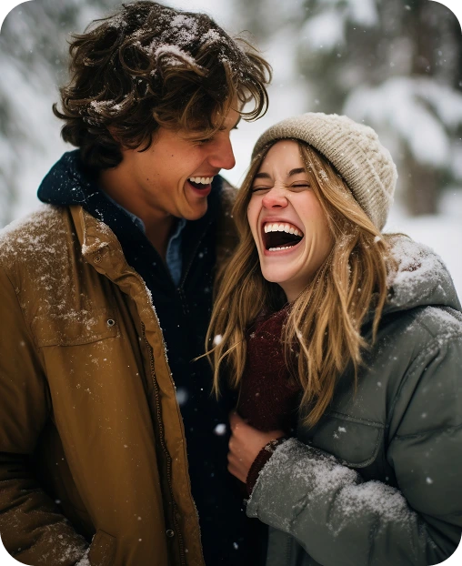 Happy couple laughing in the snow